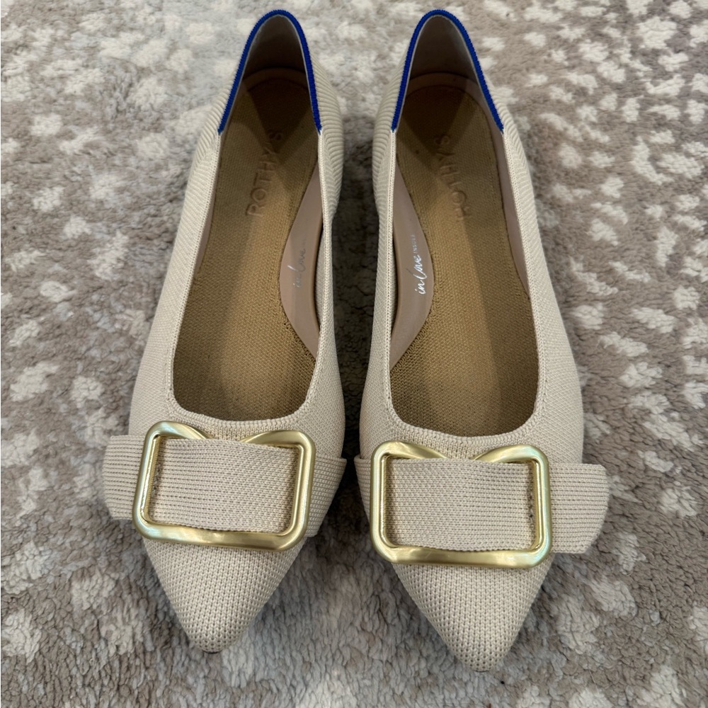 Rothy's Cream Pointed-Toe Flats with Gold Buckle